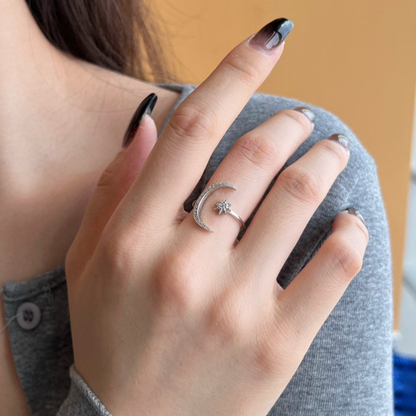 Crescent Moon and Star Silver Ring