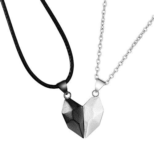 Stunning 2 Pcs Black And Silver Matching Magnetic Heart Couples Pendant Necklace For Men And Women