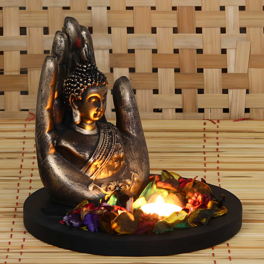 Copper Finish Handcrafted Palm Buddha Decorative Showpiece with Wooden Base, Fragranced Petals and Tealight