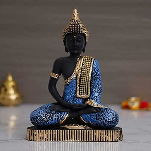 Premium Meditating Sitting Gautam Buddha Idol Statue Showpiece for Home ( Black and Blue)