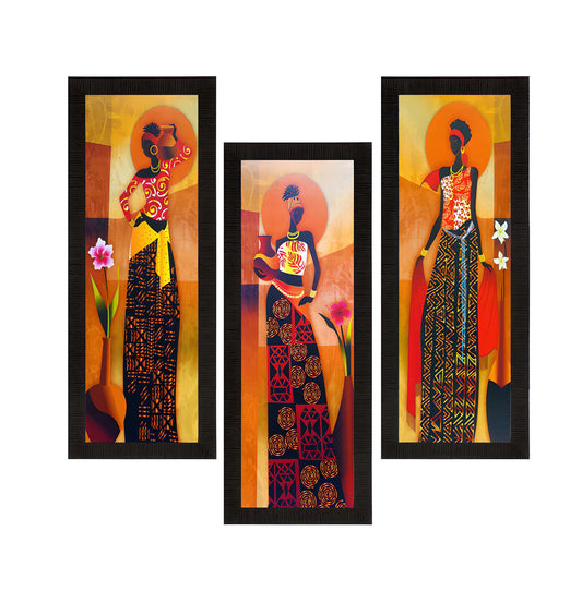 Set Of 3 Tribal Village Ladies Satin Matt Texture UV Art Painting