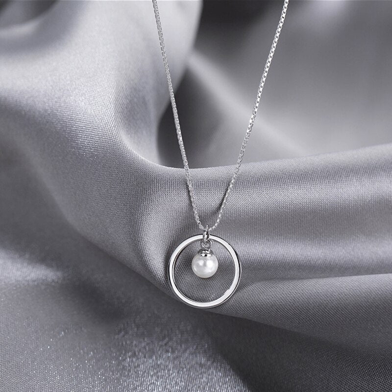 Modern Pearl Necklace, Mother of The Bride or Groom Gift, Double Circle, Pearl