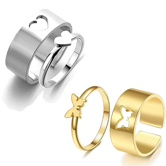 Combo of 2 Gold and Silver Plated Butterfly and Heart Couple Rings