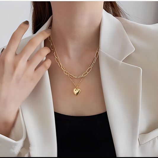 Two Layered Gold Plated Heart Shape Necklace Chain for Girls & Women