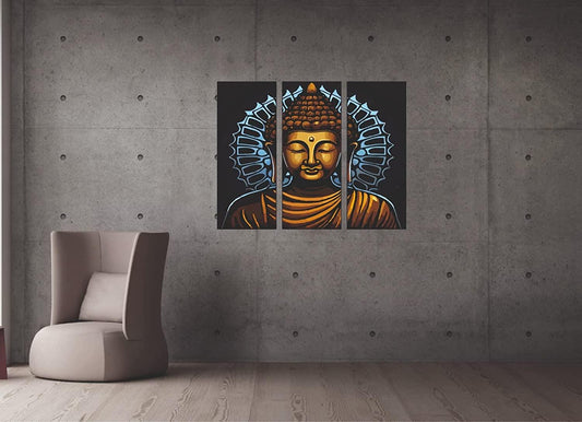 Webelkart Premium Set of 3 Gautam Buddha MDF self Addhesive UV Printed Home Decorative Religious Gift Item, Gautam Buddha Wooden Wall paintings For Home And Living Room -18 X 15 inches, Multi