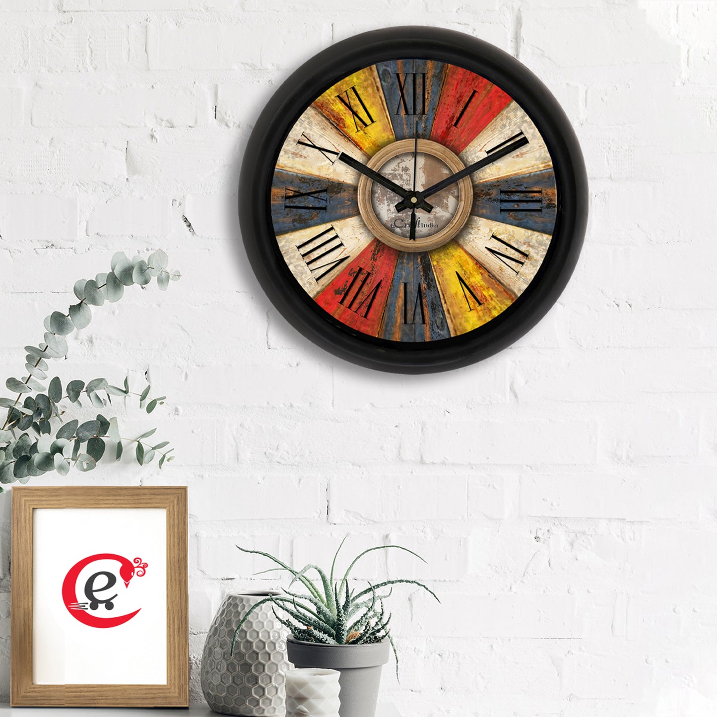 Rustic Multicolor Designer Round Analog Black Wall Clock