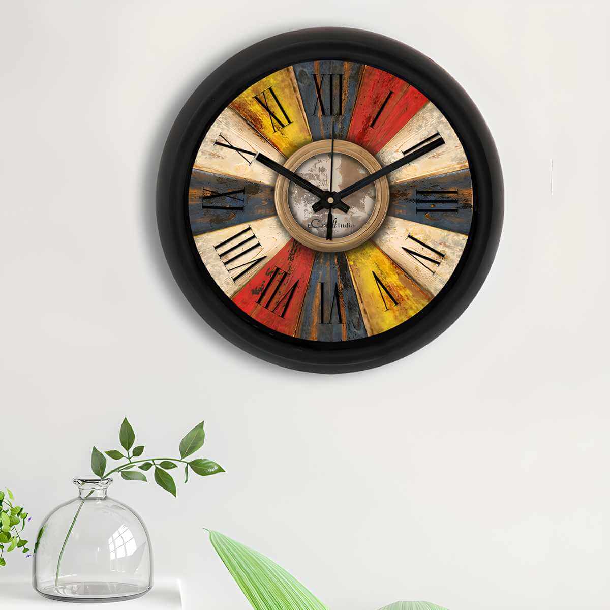 Rustic Multicolor Designer Round Analog Black Wall Clock