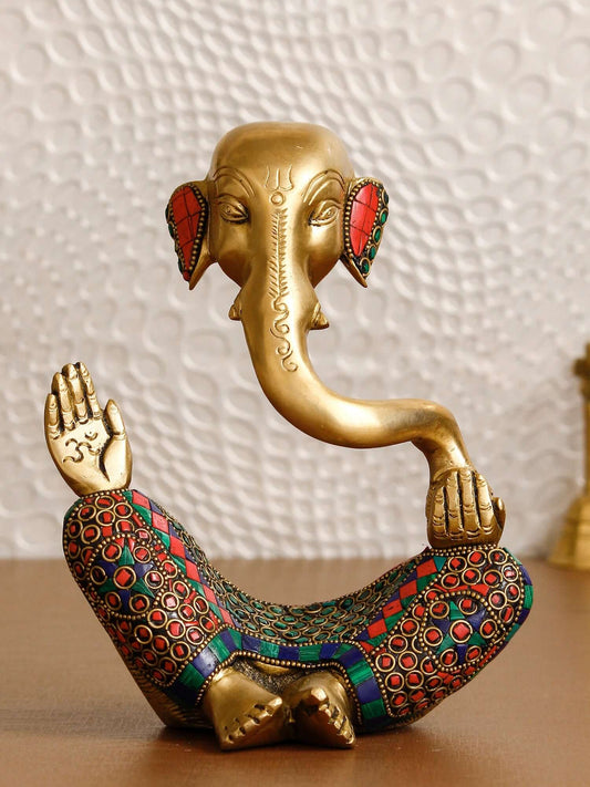 Golden Colorful Stone Work Handcrafted Meditating Brass Lord Ganesha Idol