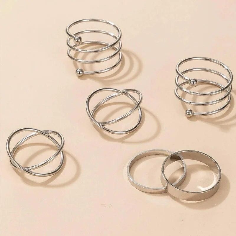 Silver Color Round Hollow Geometric Fashion Cross Twist Open Ring Set Joint (6Pcs)